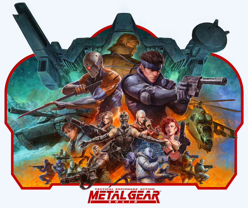 2girls 6+boys aiming aircraft an/peq-6 assault_rifle autocannon bird bullpup cannon copyright_name crow dave_rapoza desert_eagle electronic_firearm everyone famas finger_on_trigger flashlight gas_mask gatling_gun gray_fox gun gunship h&amp;k_mark_23 h&amp;k_psg1 hal_emmerich handgun hazmat_suit headband heckler_&amp;_koch helicopter high-frequency_blade highres holding holding_sword holding_weapon insight_technology kac_mk23_suppressor knight&#039;s_armament_company laser_aiming_module laser_pointer laser_sight liquid_snake m1_abrams m61_vulcan magnetic_weapon male_focus mask match_grade match_grade_firearm match_grade_pistol mecha metal_gear_(series) metal_gear_rex metal_gear_solid mil_mi-24 military military_vehicle motor_vehicle multiple-barrel_gun multiple_boys multiple_girls nbc_suit offensive_handgun outstretched_arms psycho_mantis railgun revolver revolver_ocelot rifle robot rocket_launcher rocket_pod rotary_cannon sniper_rifle sniper_wolf soldier solid_snake suppressor sword tactical_light tank tattoo ub-32_(rocket_pod) vulcan_raven weapon