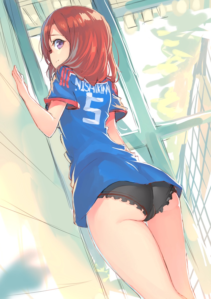 10s 1girl 2014_fifa_world_cup absurdres ass black_panties blush frilled_panties frills from_behind highres japan kame^^ looking_at_viewer looking_back love_live! love_live!_school_idol_project nishikino_maki no_pants panties purple_eyes red_hair short_sleeves soccer soccer_uniform sportswear thigh_gap underwear world_cup
