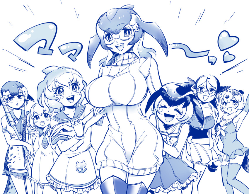 6+girls anchor_hair_ornament animal_ears blowhole blue_whale_(kemono_friends) breasts california_sea_lion_(kemono_friends) californian_sea_otter_(kemono_friends) cetacean_tail chinese_white_dolphin_(kemono_friends) common_bottlenose_dolphin_(kemono_friends) common_dolphin_(kemono_friends) dolphin_girl dorsal_fin drillhorn_sword fins fish_tail hair_ornament head_fins highres japari_symbol kemono_friends kemono_friends_3 large_breasts medium_breasts multiple_girls narwhal_(kemono_friends) otter_ears otter_girl otter_tail ribbed_sweater school_uniform semi-rimless_eyewear serafuku shell_hair_ornament sweater tail fish_tail turtleneck turtleneck_sweater whale_girl yokuko_zaza