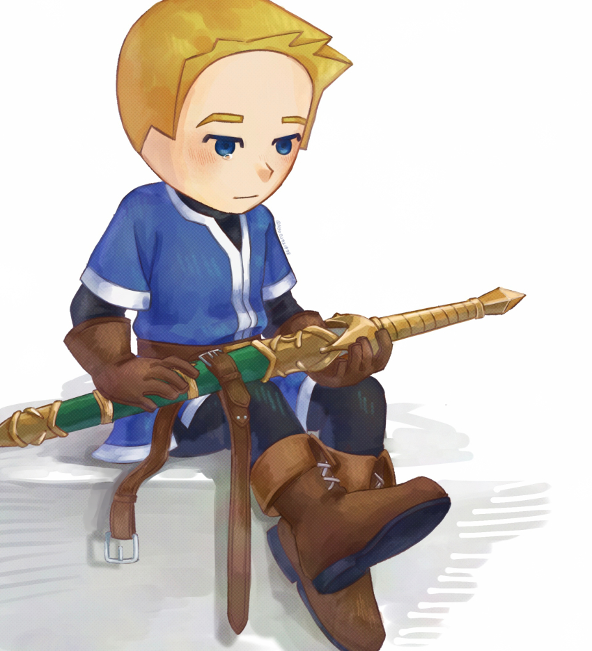 1boy aged_down belt blonde_hair blue_eyes blush boots brown_belt brown_boots brown_gloves closed_mouth commentary full_body gloves highres holding holding_weapon leather looking_at_viewer male_focus mii_(nintendo) mii_swordfighter mii_swordfighter_(smash_ultimate) nintendo nyo02921978 pants shirt short_hair short_sleeves simple_background sitting solo sword tunic weapon white_background