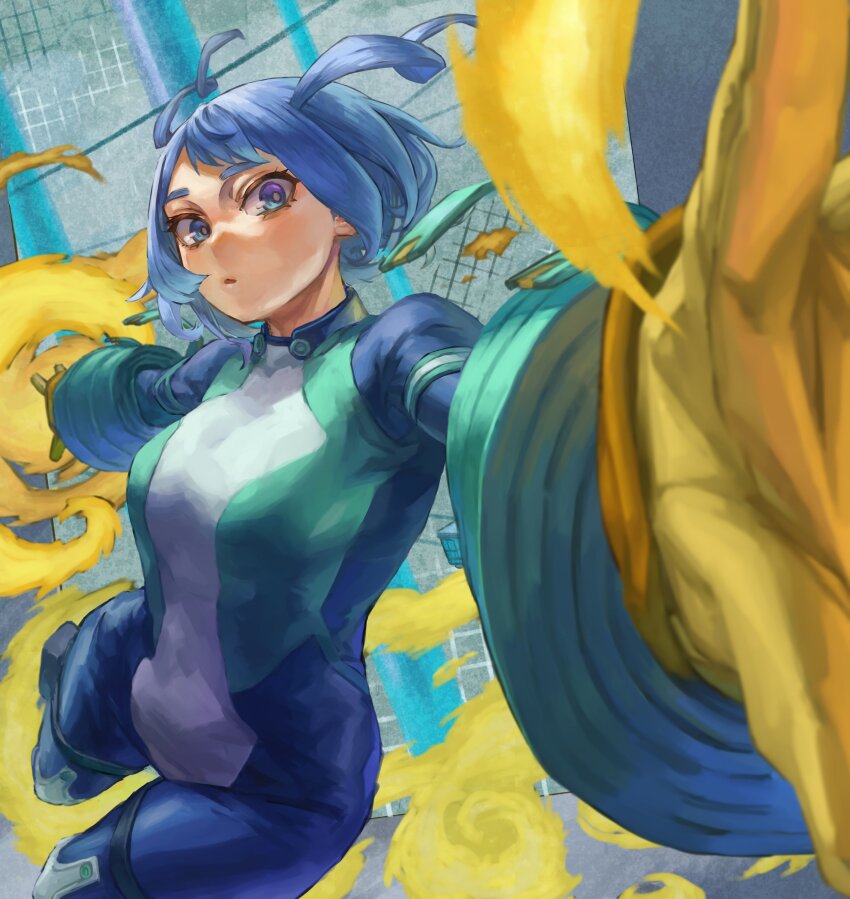 1girl absurdres blue_bodysuit blue_eyes blue_hair bodysuit boku_no_hero_academia drill_hair energy gloves green_bodysuit hado_nejire hair_horns highres multicolored_bodysuit official_alternate_hair_length official_alternate_hairstyle parted_lips solo twin_drills yellow_gloves yomoyama_yotabanashi