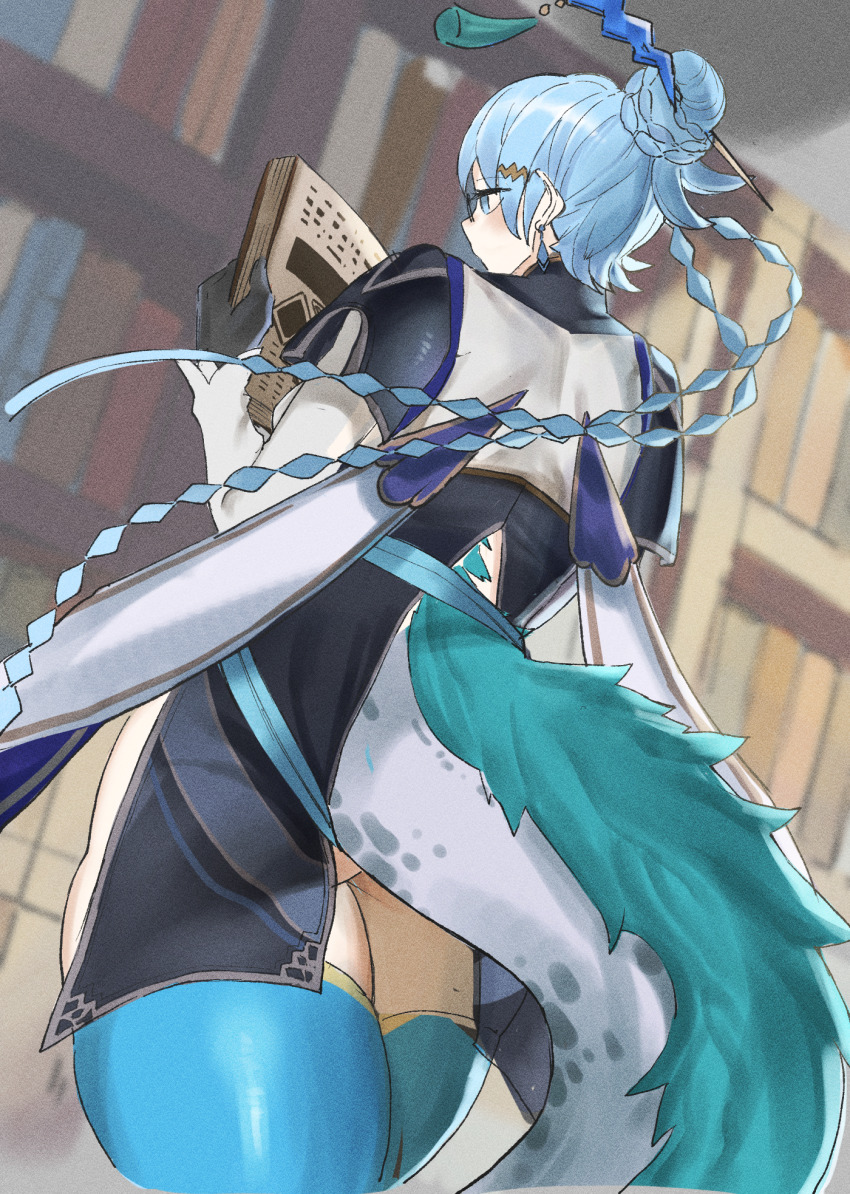 1girl ass black_dress black_gloves blue_eyes blue_hair blue_thighhighs book bookshelf braid braided_bun breasts clothing_cutout commentary_request cowboy_shot diamond_earrings dougaku_(passionpit777) dragon_girl dragon_tail dragon_tale_fymena dress duel_monster earrings eastern_dragon_tail from_behind from_below glasses gloves hair_between_eyes hair_bun hair_ornament hair_stick highres holding holding_book jewelry long_hair long_sleeves shirt sidelocks solo standing tail tail_through_clothes thighhighs very_long_hair white_shirt yu-gi-oh!