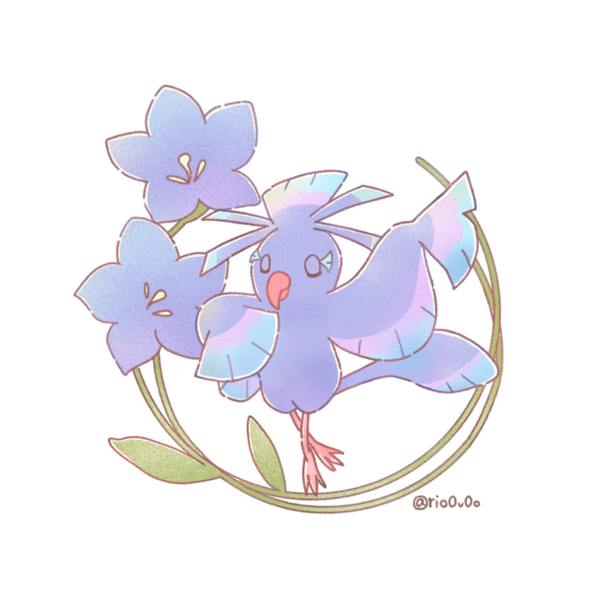 animal_focus bellflower bird chinese_bellflower closed_eyes closed_mouth commentary_request flower full_body gen_7_pokemon highres nintendo no_humans oricorio oricorio_(sensu) pokemon pokemon_(creature) purple_flower rio_(rio0v0o) simple_background solo white_background
