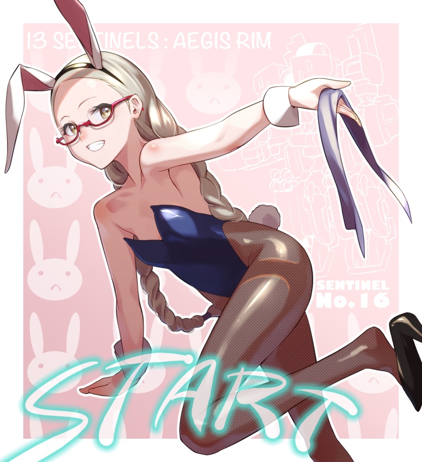 1girl animal_ears arm_up blonde_hair blue_leotard blush braid fake_animal_ears fake_tail fishnet_pantyhose fishnets flat_chest fune_(fune83ojj) glasses high_heels highleg highleg_leotard highres juusan_kihei_bouei_ken kisaragi_tomi leotard long_hair pantyhose pink_background playboy_bunny rabbit_ears rabbit_tail red-framed_eyewear shoe_dangle solo strapless strapless_leotard tail twin_braids very_long_hair wrist_cuffs yellow_eyes