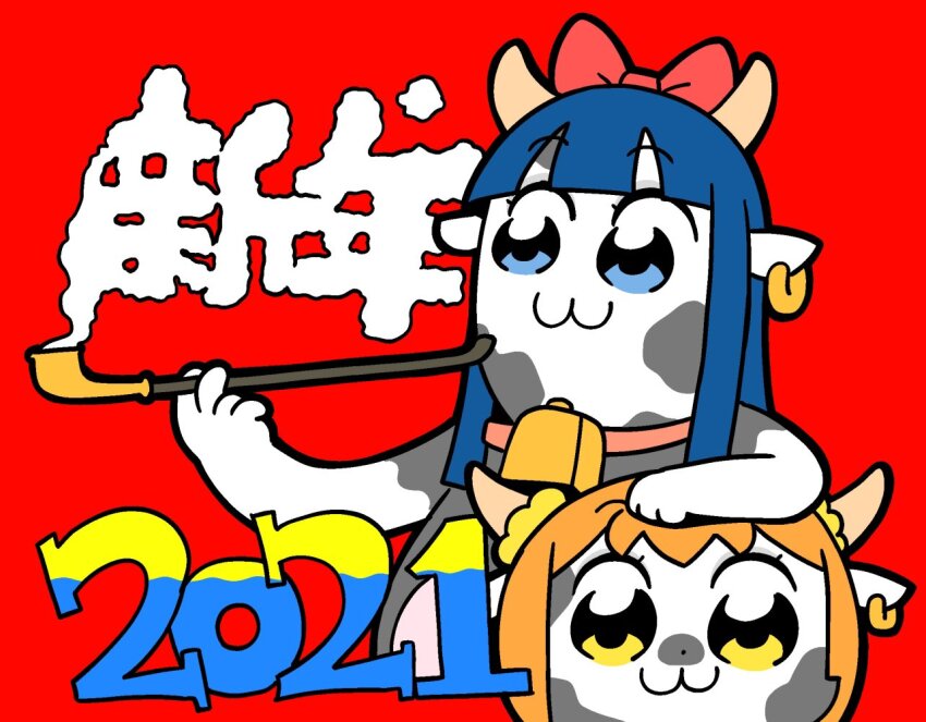 2021 2girls animal_collar animal_print arm_rest bell bkub blue_hair chinese_zodiac collar commentary_request cow_girl cow_horns cow_print cowbell dot_nose earrings holding holding_smoking_pipe horns jewelry kiseru long_hair multiple_girls neck_bell orange_hair pipimi poptepipic popuko red_background red_collar scrunchie short_hair sidelocks simple_background smoke smoking_pipe two_side_up year_of_the_ox yellow_scrunchie