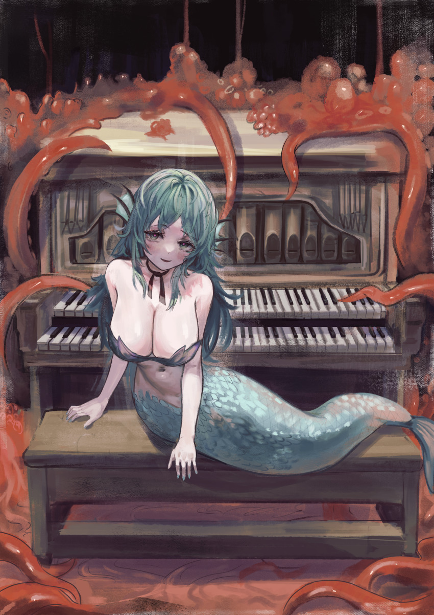 1girl absurdres bare_shoulders bench black_souls blue_eyes blue_hair blue_nails bra breasts cleavage fins fish_tail highres instrument jewelry large_breasts little_mermaid_(black_souls) looking_at_viewer mermaid monster_girl nail_polish navel necklace open_mouth organ_(instrument) ropeperson sitting smile solo tail tentacles underwear