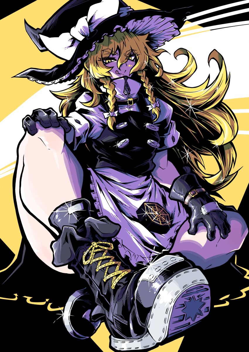 1girl absurdres apron black_boots black_gloves black_skirt black_vest blonde_hair boots bow braid buttons collar collared_shirt full_body gloves hair_bow hand_on_own_knee hat highres kirisame_marisa long_hair mini-hakkero nehitsuji_(syatihokoga) shirt short_sleeves sitting skirt smile solo sparkle star_(symbol) steel-toe_boots tongue tongue_out touhou twin_braids vest waist_apron white_shirt witch_hat yellow_eyes