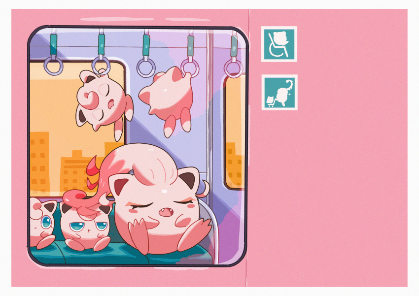 :t absurdres blush_stickers closed_eyes closed_mouth commentary fangs gen_1_pokemon green_eyes hand_grip hanging highres holding_hand_grip jigglypuff nintendo no_humans open_mouth pokemon pokemon_(creature) saiku_(zvlku) scream_tail sign sitting train window