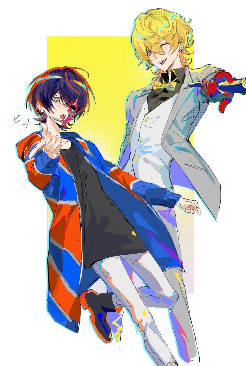 1boy 1girl :o absurdres binxngchng1 black_hair black_shirt black_shoes blonde_hair blue_eyes bow bowtie cane chinese_commentary collared_shirt commentary_request drop_shadow gloves grey_jacket grey_pants hair_between_eyes half_mask highres holding holding_cane jacket kishiru_inugami leg_up long_sleeves looking_at_viewer mask one_eye_closed open_clothes open_jacket open_mouth outstretched_hand pants red_gloves rei_shimobe reverse_trap shirt shoes short_hair shuten_order smile two-tone_background vest white_background white_pants white_vest yellow_background yellow_bow yellow_bowtie yellow_eyes