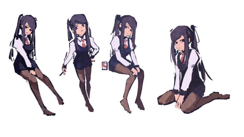 1girl absurdres beer_can black_pantyhose can cigarette collared_shirt drink_can full_body highres holding holding_cigarette jill_stingray long_hair multiple_views necktie pantyhose purple_eyes purple_vest red_eyes red_necktie rnna shirt sidelocks simple_background sitting standing twintails va-11_hall-a vest wariza white_background white_shirt