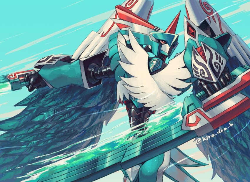 armor bird cowboy_shot digimon digimon_(creature) digimon_liberator dragon dual_wielding feathered_wings green_armor green_wings holding holding_sword holding_weapon horns kira_(kira_dra) knight single_horn sword twitter_username weapon wings zephagamon