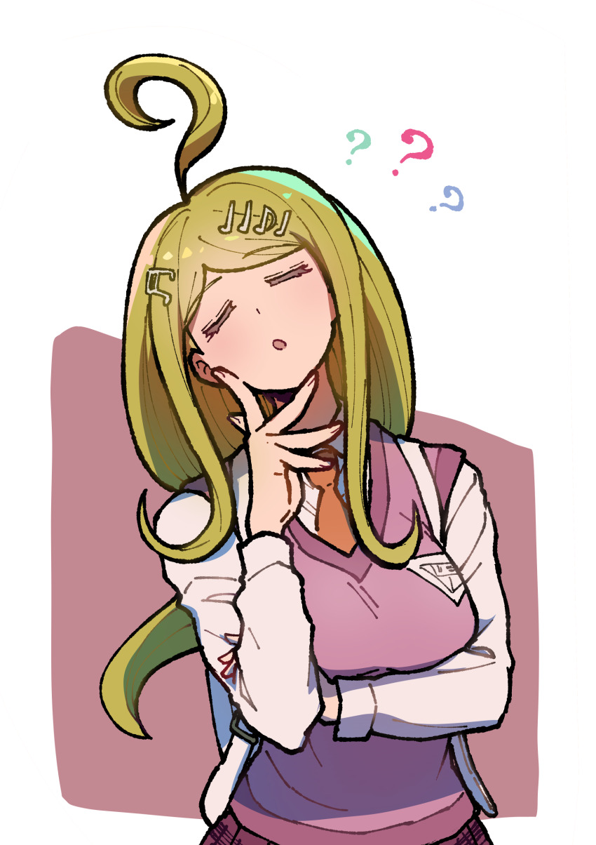 1girl :o ? absurdres ahoge akamatsu_kaede breasts closed_eyes collared_shirt danganronpa_(series) danganronpa_v3:_killing_harmony hand_up highres large_breasts long_sleeves necktie orange_necktie pink_background pink_sweater_vest shirt simple_background sweater_vest upper_body white_background white_shirt youko-shima