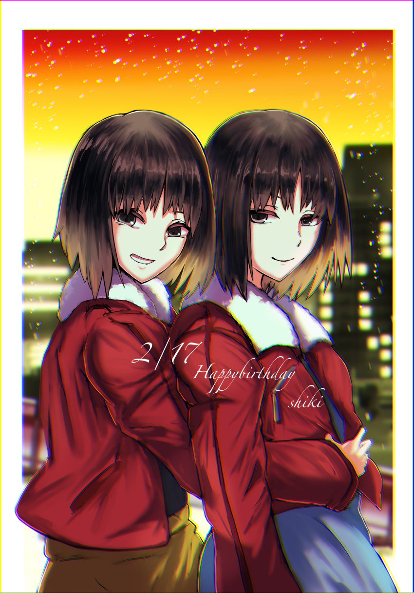 2girls absurdres black_eyes black_hair blue_kimono border character_name cityscape closed_mouth commentary dual_persona english_text from_side fur-trimmed_jacket fur_trim grin happy_birthday highres hug hug_from_behind ikecchi_(hayato_moon) jacket japanese_clothes kara_no_kyoukai kimono looking_at_viewer multiple_girls red_jacket ryougi_shiki ryougi_shiki_(male_persona) short_hair smile snowing teeth timestamp white_border yellow_kimono
