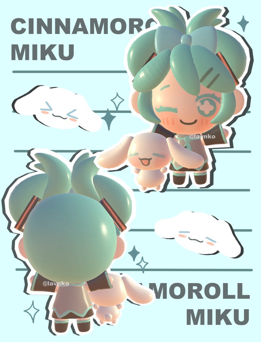1girl 3d bow chibi chibi_only cinnamiku cinnamoroll commentary detached_sleeves dog fuwa_fuwa_cinnamoroll hair_bow hair_ornament hairclip hatsune_miku highres lavy_(lavnko) official_alternate_hairstyle one_eye_closed outline sanrio skirt smile vocaloid white_outline