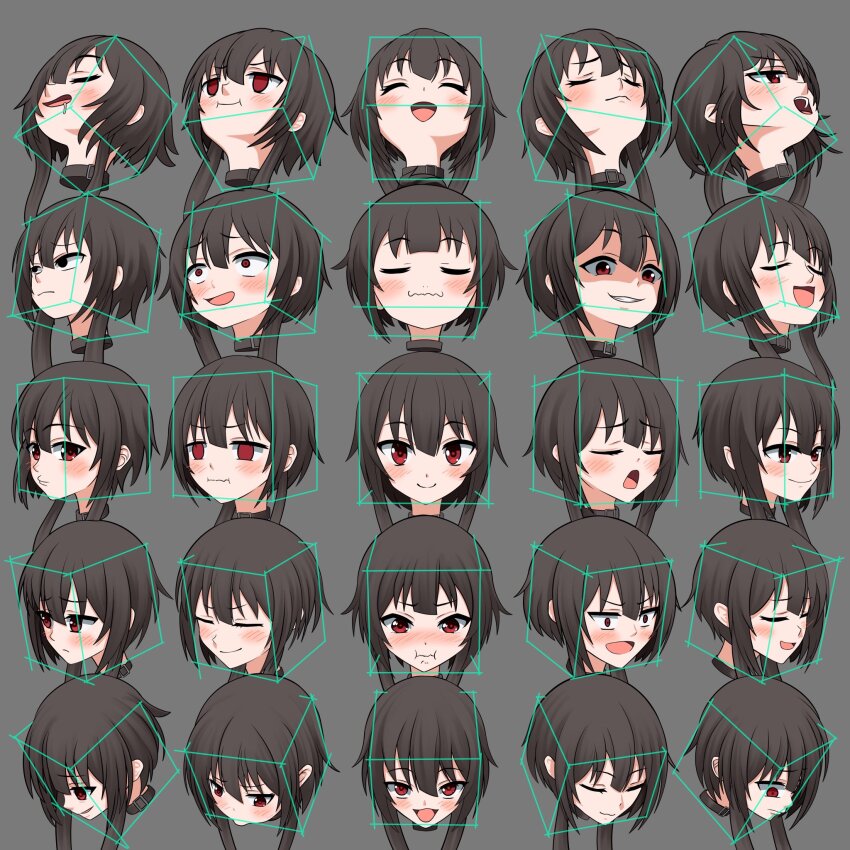 1girl 25_perspective_box_exercise :&lt; :3 :d :i ^_^ black_choker black_eyes blush brown_hair choker clenched_teeth closed_eyes commentary cropped_head cube drooling empty_eyes evil_grin evil_smile expressionless frown furrowed_brow grey_background grin highres kawaseri1 kono_subarashii_sekai_ni_shukufuku_wo! megumin multiple_expressions multiple_views open_mouth parted_lips puckered_lips red_eyes short_hair_with_long_locks simple_background smile teeth wide-eyed