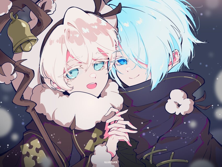 1boy 1girl artist_name bell blue_eyes blue_hair closed_mouth collared_capelet cookie_run cookie_run:_kingdom cotton_cookie crossed_bangs flower flower_brooch fur_collar hair_over_one_eye hands_up happy heads_together high_collar highres holding holding_hands humanization illustluce interlocked_fingers light_blue_hair long_sleeves looking_at_viewer looking_to_the_side open_mouth over_shoulder portrait sherbet_cookie sideways_glance snowing split_mouth staff swept_bangs teeth two-handed upper_teeth_only white_flower white_hair