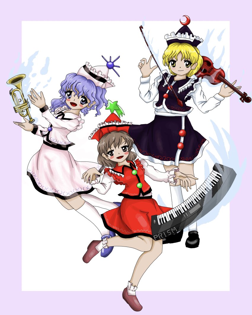 3girls absurdres ankle_socks black_footwear black_hat black_skirt black_vest blonde_hair blush bow_(music) breasts brown_eyes brown_hair closed_mouth commentary_request crescent crescent_hat_ornament floating floating_object frilled_hat frills full_body happy hat hat_ornament highres instrument keyboard_(instrument) kneehighs long_sleeves lunasa_prismriver lyrica_prismriver merlin_prismriver multiple_girls ofuton_(rxn_vm) pink_hat pink_skirt pink_vest purple_eyes purple_footwear purple_hair red_footwear red_hat red_skirt red_vest shirt shooting_star_hat_ornament skirt small_breasts smile socks standing sun_hat_ornament touhou trumpet vest violin white_shirt white_socks yellow_eyes zun_(style)