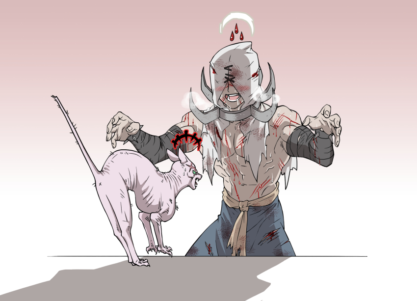 1boy affliction_(darkest_dungeon) blood cat collar darkest_dungeon drooling flagellant_(darkest_dungeon) gameplay_mechanics highres hood pants sash scar shadow spiked_collar spikes tail_raised topless_male varamill