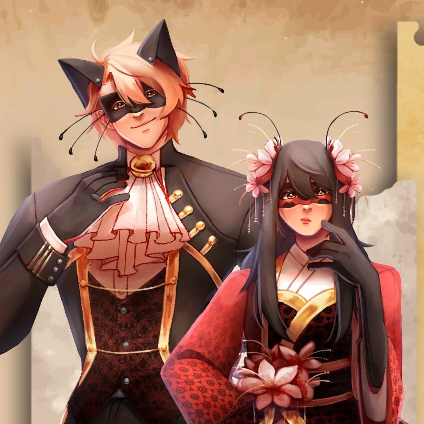 1boy 1girl aged_up animal_ears ascot black_gloves black_jacket black_mask blonde_hair buttons cat_ears chat_noir chat_noir_(cosplay) closed_mouth commentary cosplay elbow_gloves english_commentary fake_animal_ears fake_whiskers floral_print floral_print_kimono flower gloves gold_trim hair_between_eyes hair_flower hair_ornament hand_on_own_chest hand_up jacket japanese_clothes kaai_yuki kimono ladybug_(character) ladybug_(character)_(cosplay) lexshiroji long_hair looking_at_viewer miraculous_ladybug oliver_(vocaloid) open_clothes open_jacket polka_dot_mask print_kimono red_flower red_kimono red_mask red_vest sash short_hair vest vocaloid white_ascot wide_sleeves