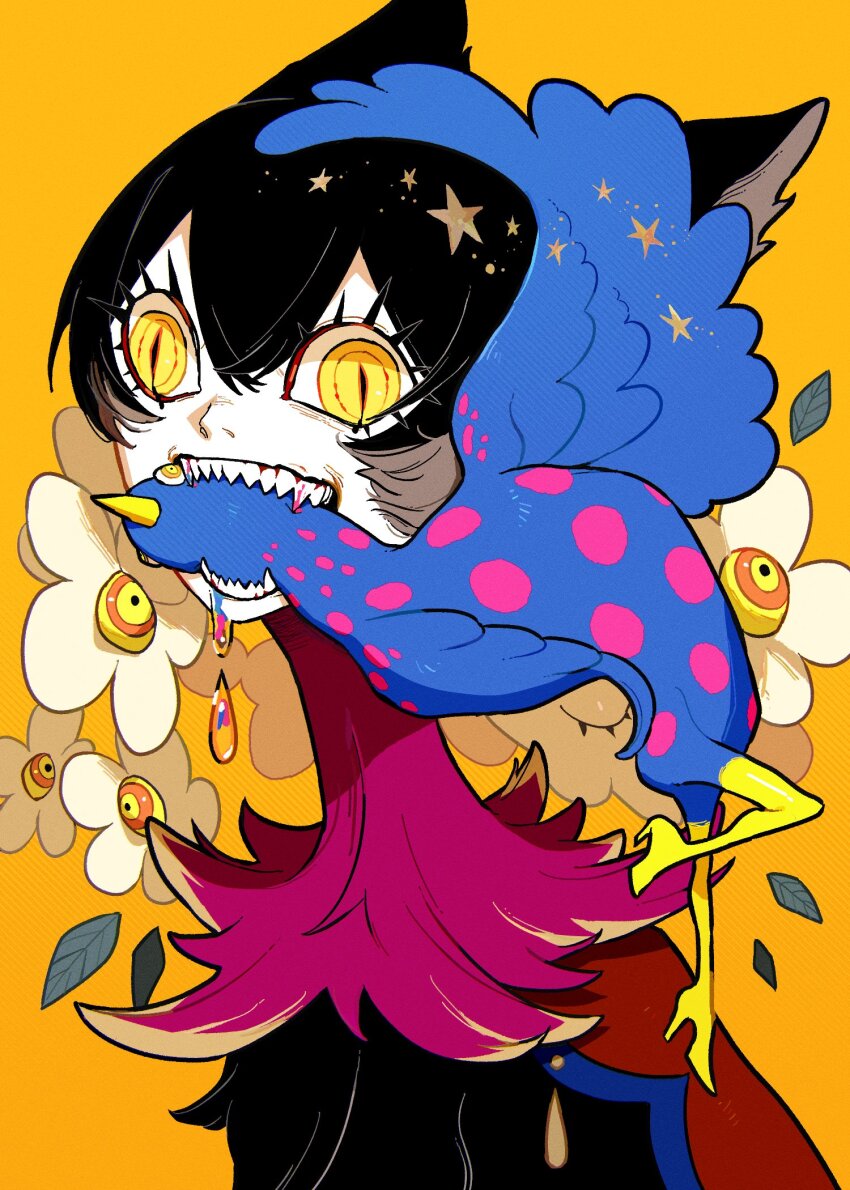 1girl animal bird biting black_hair blood flower highres human_head momomo_906 original sharp_teeth short_hair simple_background slit_pupils solo star_(symbol) teeth upper_body yellow_background yellow_eyes