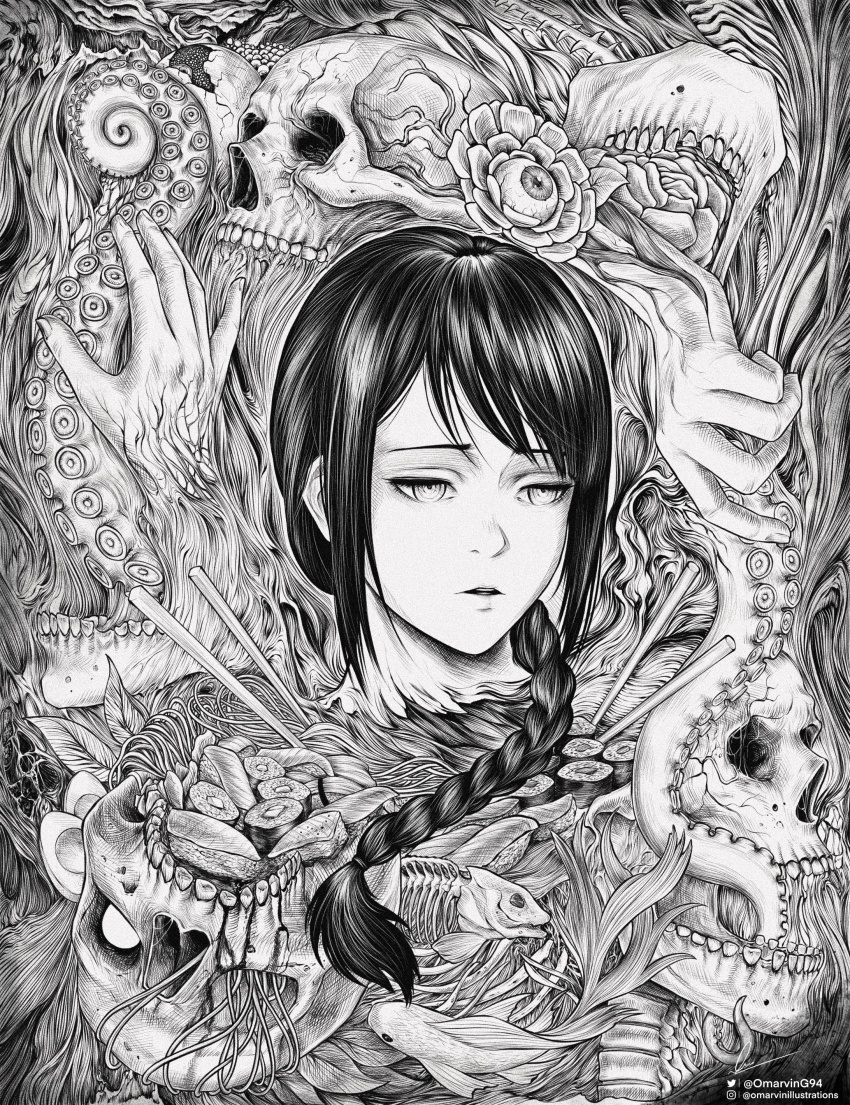 absurdres artist_name braid chainsaw_man chopsticks commentary english_commentary eyeball fish_skeleton flower food greyscale highres long_hair marvin_(omarvin) monochrome nayuta_(chainsaw_man) noodles ramen severed_head single_braid skull sushi tagme