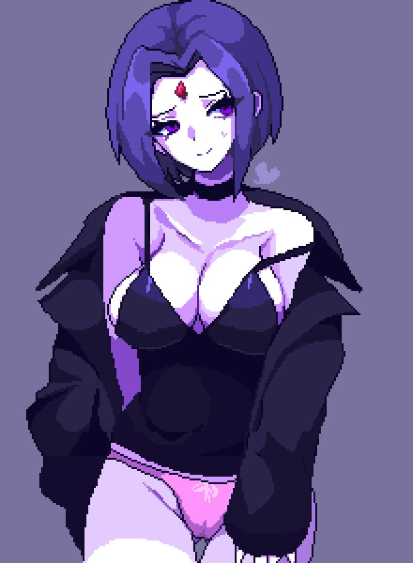 1girl bare_shoulders black_choker black_jacket black_sleeves black_tank_top bow bow_panties breasts cameltoe choker cleavage closed_mouth collarbone dc_comics forehead_jewel gem heart highres jacket long_sleeves looking_to_the_side no_bra open_clothes open_jacket pale_skin panties pink_panties pixel_art pixelcadete purple_eyes purple_hair raised_inner_eyebrows raven_(dc) red_gemstone short_hair simple_background smile solo strap_slip sweat tank_top teen_titans thighs underwear