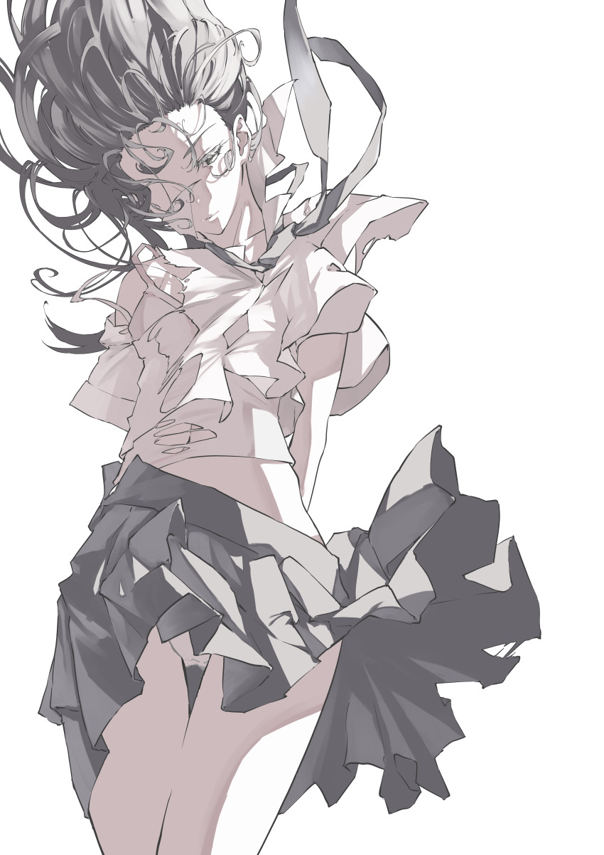 1girl absurdres bra closed_mouth collared_shirt commentary cowboy_shot expressionless floating_hair greyscale hair_over_one_eye highres long_hair monochrome necktie nico-tine original panties pleated_skirt shirt short_sleeves skirt solo torn_clothes torn_shirt underwear wind wind_lift