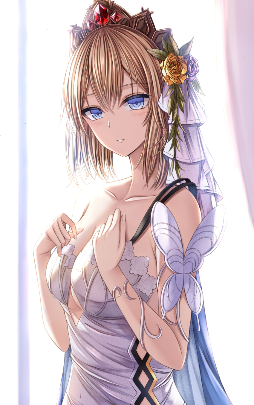 1girl backlighting bare_shoulders blonde_hair blue_eyes collared_shirt dress europa_(granblue_fantasy) flower gem granblue_fantasy hair_flower hair_ornament highres kanpyou_(hghgkenfany) looking_at_viewer medium_hair parted_lips red_gemstone shirt sleeveless sleeveless_dress solo sunlight tiara upper_body veil white_dress yellow_flower