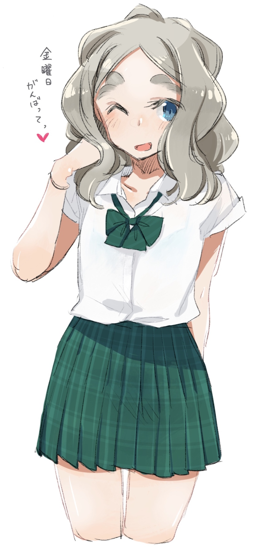 1girl absurdres chibikko_(morihito) green_skirt highres looking_at_viewer morihito one_eye_closed original plaid_clothes plaid_skirt pleated_skirt school_uniform simple_background sketch skirt solo thick_eyebrows wavy_hair white_background