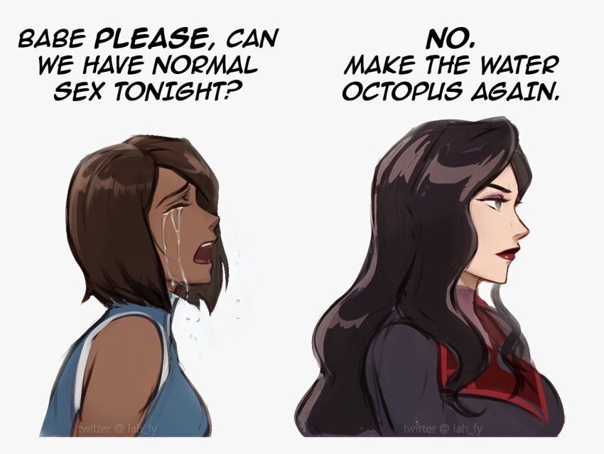 2girls asami_sato avatar_legends black_hair brown_hair closed_eyes crying crying_asagiri_aya_(meme) dark-skinned_female dark_skin english_text green_eyes grey_background iahfy interracial korra lipstick long_hair makeup medium_hair meme multiple_girls open_mouth simple_background tears the_legend_of_korra upper_body yuri