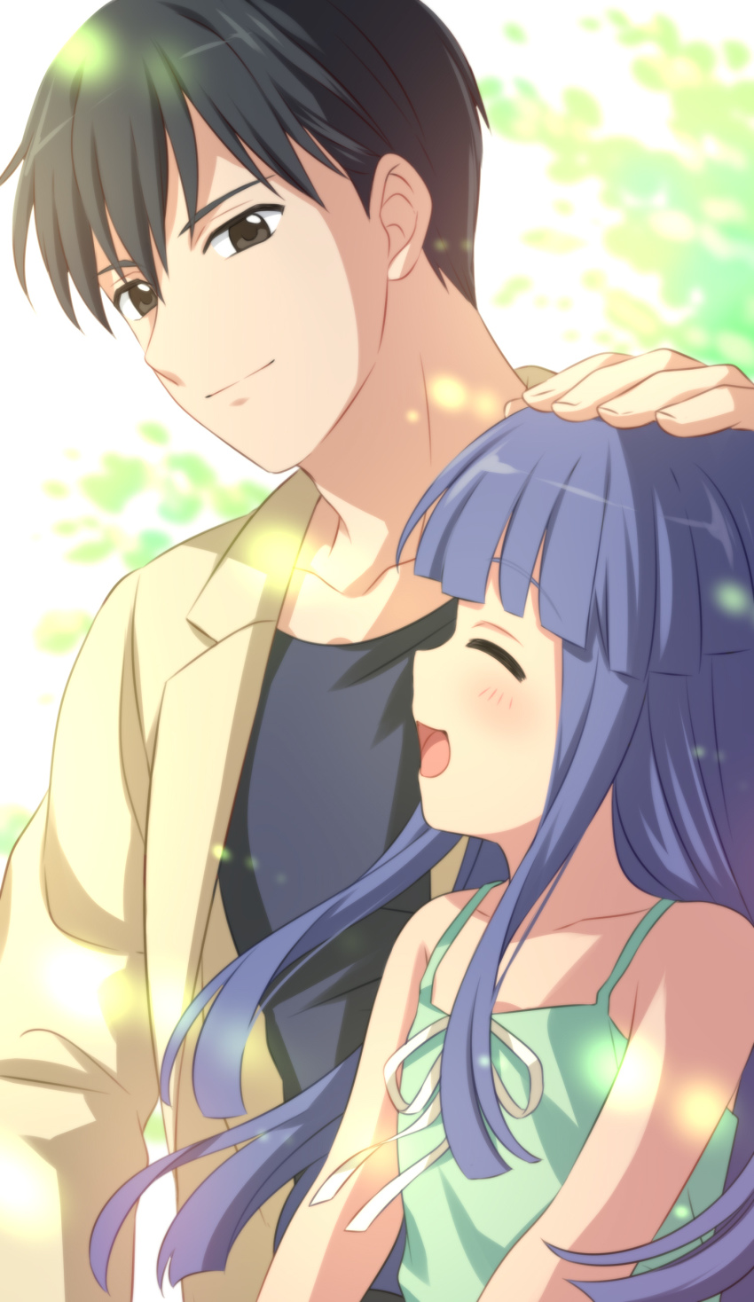 1boy 1girl :d absurdres akasaka_mamoru bad_id bad_twitter_id black_eyes black_hair black_shirt blue_hair blunt_bangs blush closed_eyes dress furude_rika green_dress grey_jacket highres higurashi_no_naku_koro_ni jacket long_hair neck_ribbon open_clothes open_jacket open_mouth ribbon sekina shirt smile white_ribbon
