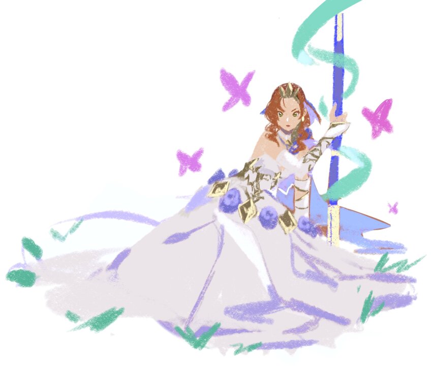 1girl aerith_gainsborough aerith_gainsborough_(prism_dress) blue_flower blue_ribbon blue_rose brown_hair detached_sleeves dress dress_flower final_fantasy final_fantasy_vii final_fantasy_vii_ever_crisis flower full_body gold_trim green_eyes hair_ribbon highres holding holding_staff lifestream long_dress mmariesr official_alternate_costume parted_bangs ribbon rose sidelocks sitting sketch solo staff tiara wavy_hair white_background white_dress white_sleeves