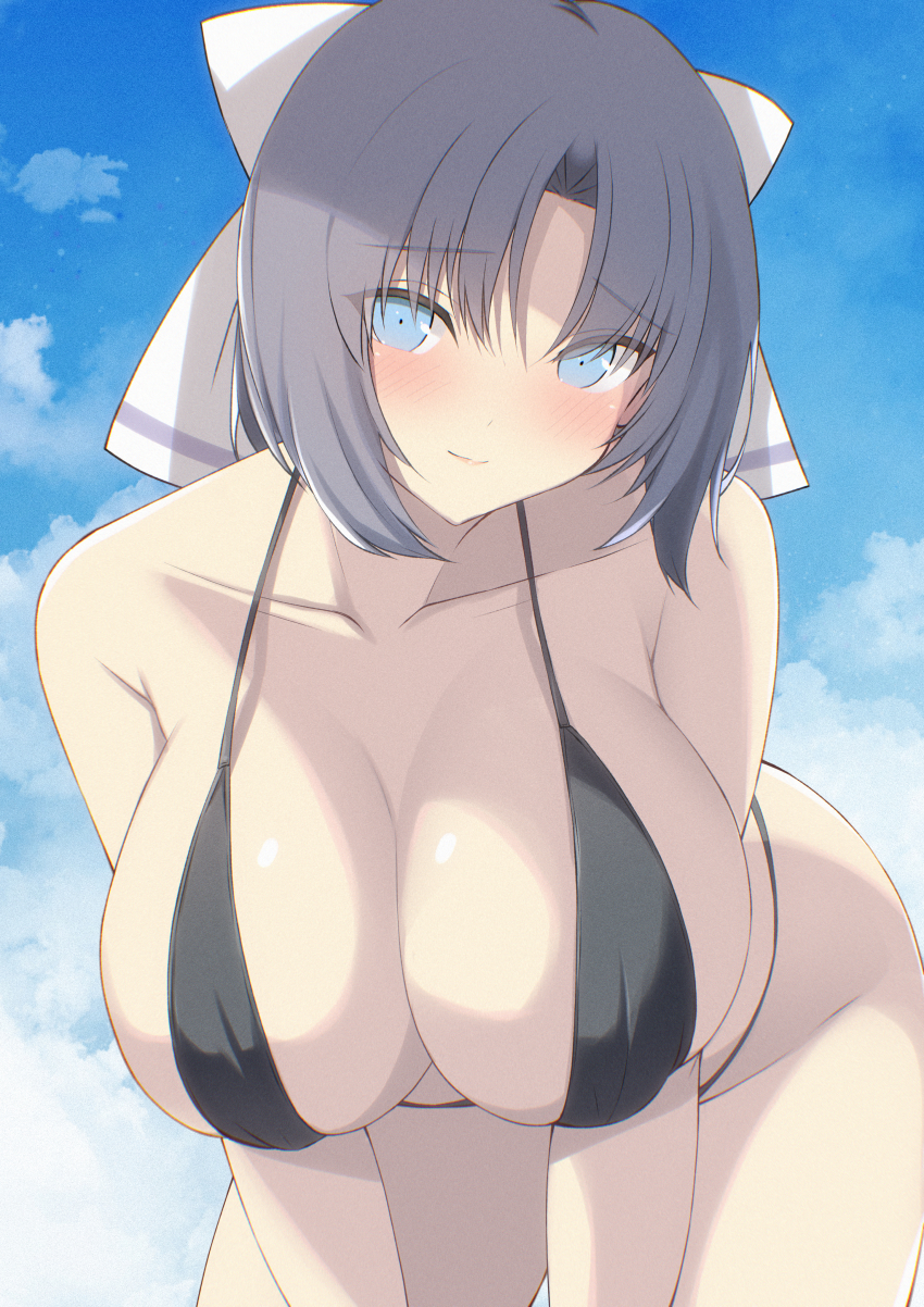 1girl absurdres bikini black_bikini blue_eyes blush bow breasts chimunge cleavage closed_mouth collarbone day grey_hair hair_bow highres large_breasts leaning_forward looking_at_viewer medium_hair senran_kagura senran_kagura_estival_versus senran_kagura_shinovi_versus sky smile solo swimsuit white_bow yumi_(senran_kagura)