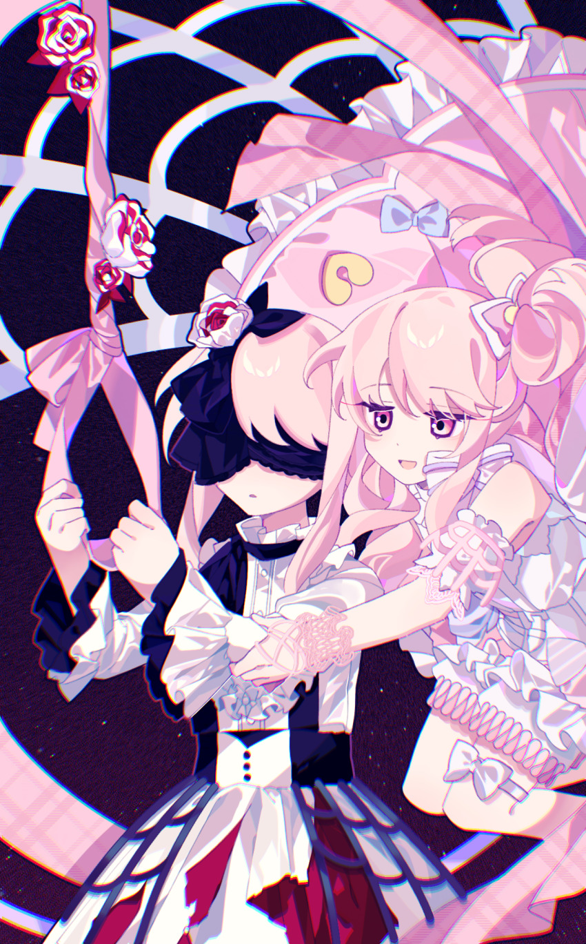 2others :d akiyama_mizuki bare_shoulders behind_another black_background blindfold bloomers blue_bow bow chinese_commentary chromatic_aberration commentary_request cowboy_shot dress feet_out_of_frame flower frilled_bloomers frilled_sleeves frills hair_bow hand_on_another&#039;s_arm highres jitome jumping keikyoku_no_machi_wa_doko_e_(project_sekai) laylayhappy long_hair long_sleeves looking_at_another multiple_others noose official_alternate_costume open_mouth other_focus parted_lips petticoat pink_eyes pink_hair pink_ribbon pink_skirt project_sekai puffy_long_sleeves puffy_short_sleeves puffy_sleeves ribbon rose secret_distance_(project_sekai) shirt short_sleeves side_ponytail sidelocks simple_background skirt smile swept_bangs thigh_strap underwear white_bloomers white_bow white_dress white_flower white_rose white_shirt wide_sleeves