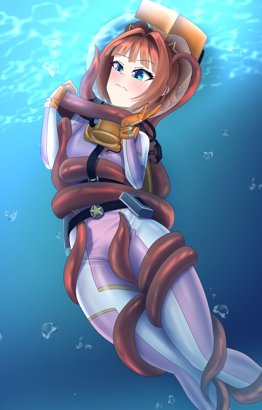absurdres air_bubble belt blue_eyes bodysuit bubble commission commissioner_upload diving_helmet diving_suit gloves helmet highres idolmaster nemo_(n3m011201) non-web_source orange_hair oxygen_tank struggling takatsuki_yayoi tentacle_grab tentacles underwater wetsuit