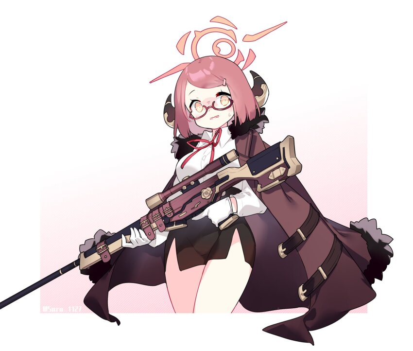 1girl aged_down aru_(blue_archive) aru_(young)_(blue_archive) blue_archive breasts coat coat_on_shoulders collared_shirt cropped_legs glasses gloves gun hair_ornament hairclip halo highres holding holding_gun holding_weapon horns long_sleeves looking_at_viewer medium_breasts official_alternate_hairstyle orange_eyes pencil_skirt pink_hair red-framed_eyewear red_coat red_hair rifle saru shirt short_hair simple_background skirt solo twitter_username weapon white_gloves white_shirt