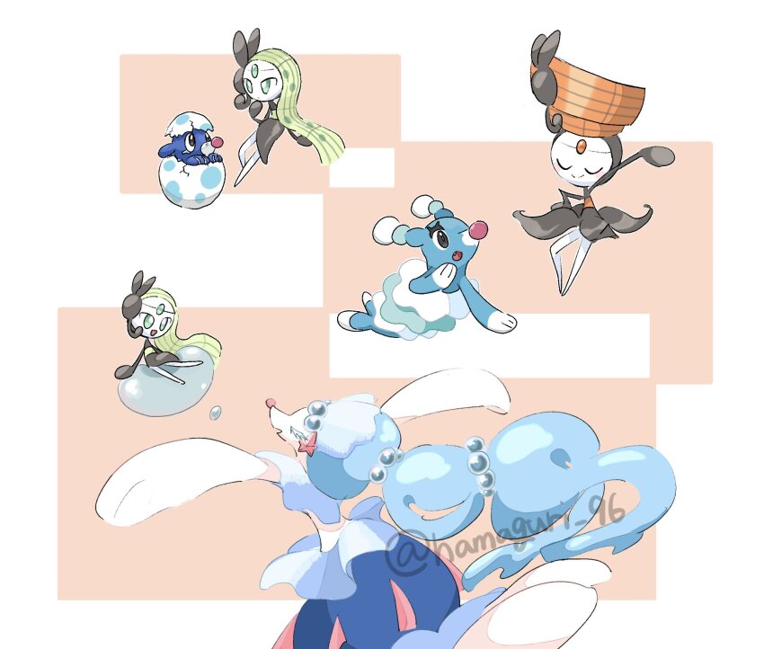 blue_hair brionne bubble colored_skin eggshell evolutionary_line gen_5_pokemon gen_7_pokemon green_hair hamaguri_96 hatching highres legendary_pokemon long_hair looking_at_another meloetta meloetta_(aria) meloetta_(pirouette) mythical_pokemon nintendo orange_hair pokemon pokemon_(creature) pokemon_focus popplio primarina twitter_username white_skin