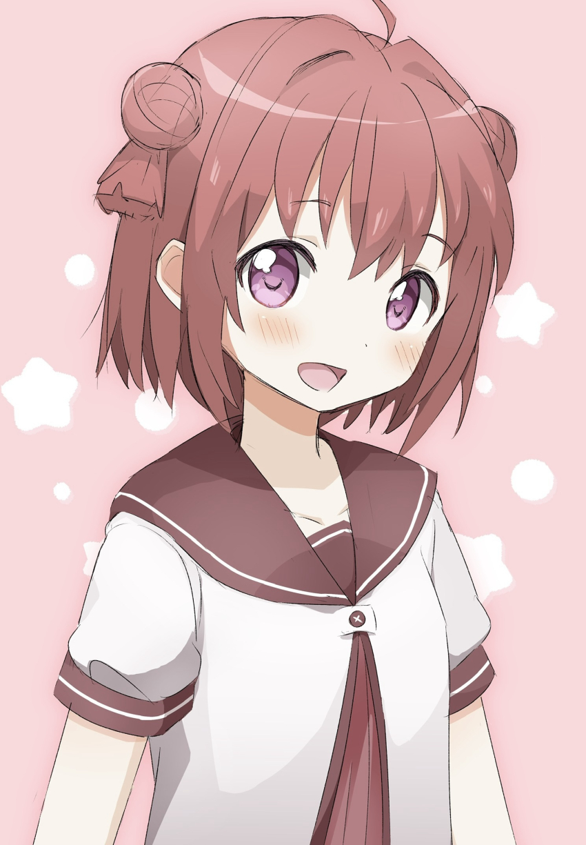 1girl :d ahoge akaza_akari brown_sailor_collar buttons child commentary_request double_bun dress hair_bun highres komeko416 light_blush looking_at_viewer nanamori_school_uniform open_mouth pink_background purple_eyes red_dress red_hair sailor_collar sailor_shirt school_uniform shirt short_hair short_sleeves simple_background smile solo star_(symbol) twintails two_side_up upper_body yuruyuri