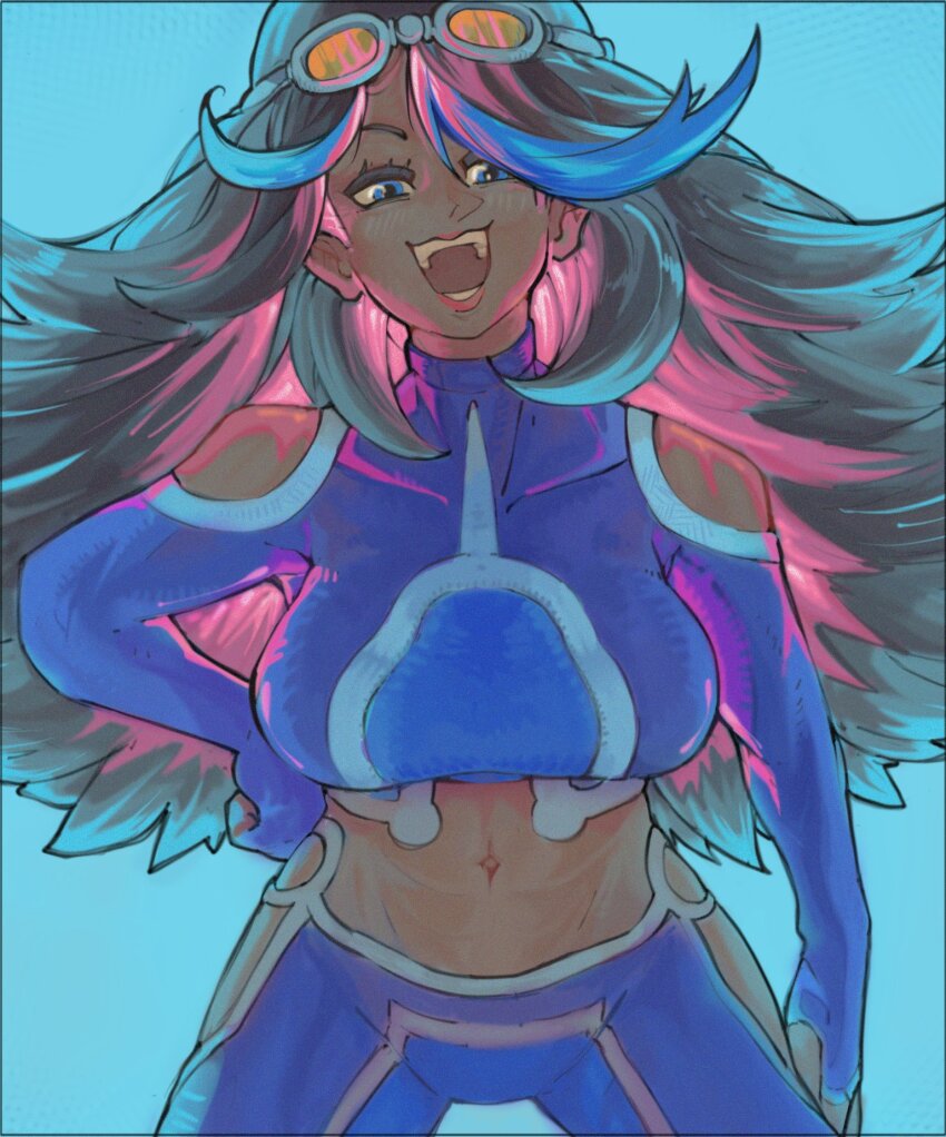 1girl bare_shoulders black_hair blue_eyes blue_hair breasts clothing_cutout crop_top dark-skinned_female dark_skin goggles goose_llow highres hip_vent large_breasts long_hair nintendo pants pokemon pokemon_oras shelly_(pokemon) shelly_(pokemon_oras) shoulder_cutout teeth very_long_hair