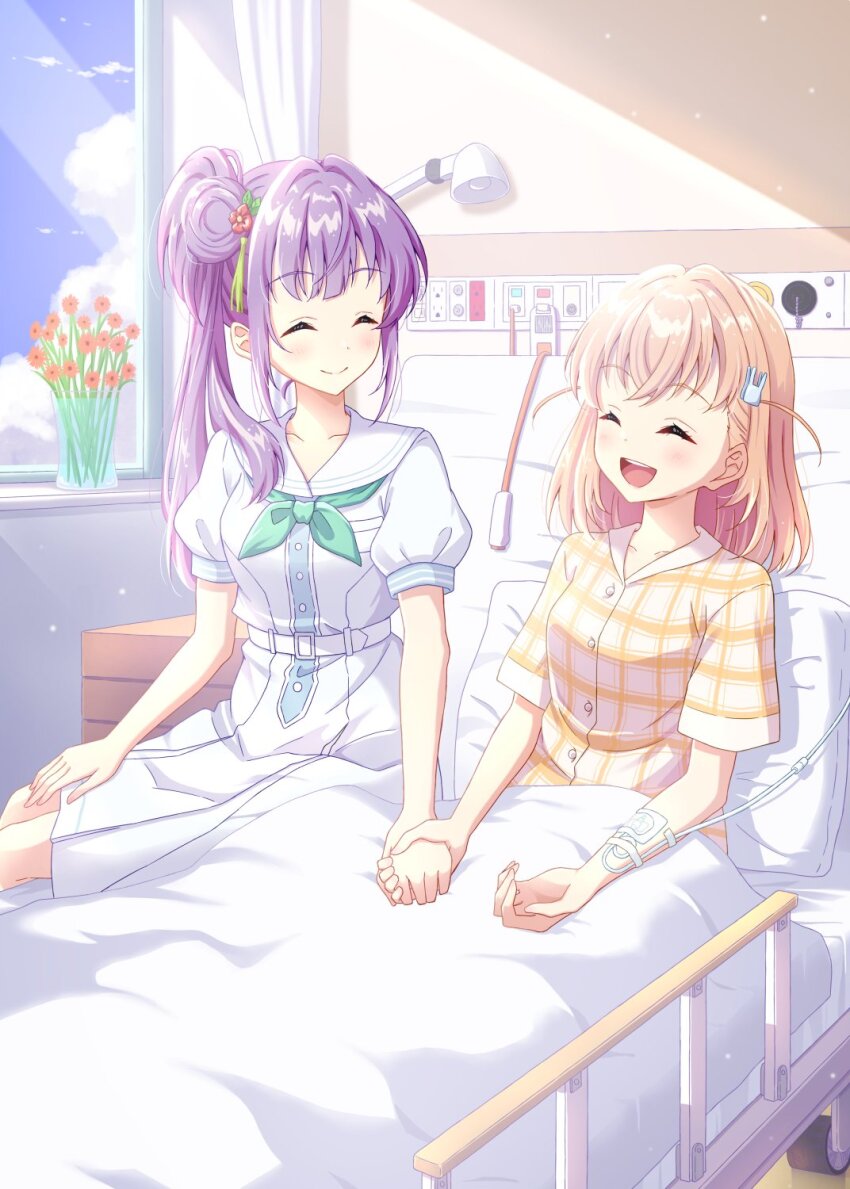2girls ^_^ aqua_neckerchief bed blush cerise_bouquet check_commentary closed_eyes closed_mouth collarbone commentary_request crossed_bangs dress flower hair_bun hair_flower hair_ornament hasu_no_sora_school_uniform highres hinoshita_kaho holding_hands hospital hospital_bed intravenous_drip light_particles link!_like!_love_live! lone_nape_hair long_hair love_live! medium_dress medium_hair multiple_girls neckerchief on_bed open_mouth orange_hair orange_shirt otomune_kozue pleated_dress purple_hair qy73 rabbit_hair_ornament red_flower sailor_collar sailor_dress school_uniform shirt short_sleeves side_ponytail sidelocks single_side_bun sitting smile teeth two-tone_shirt two_side_up upper_teeth_only virtual_youtuber white_dress white_sailor_collar white_shirt window