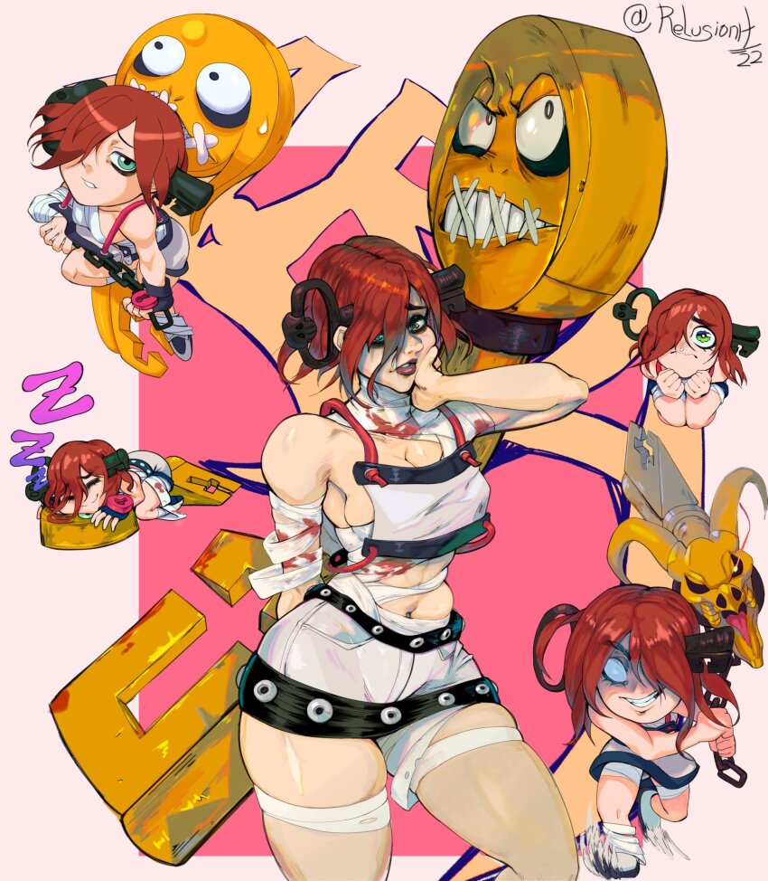 1girl a.b.a bags_under_eyes bandaged_chest bandages chain green_eyes guilty_gear guilty_gear_xx hair_over_one_eye highres homunculus key_in_head looking_at_viewer object_through_head paracelsus_(guilty_gear) red_hair relusionh stitched_mouth stitches