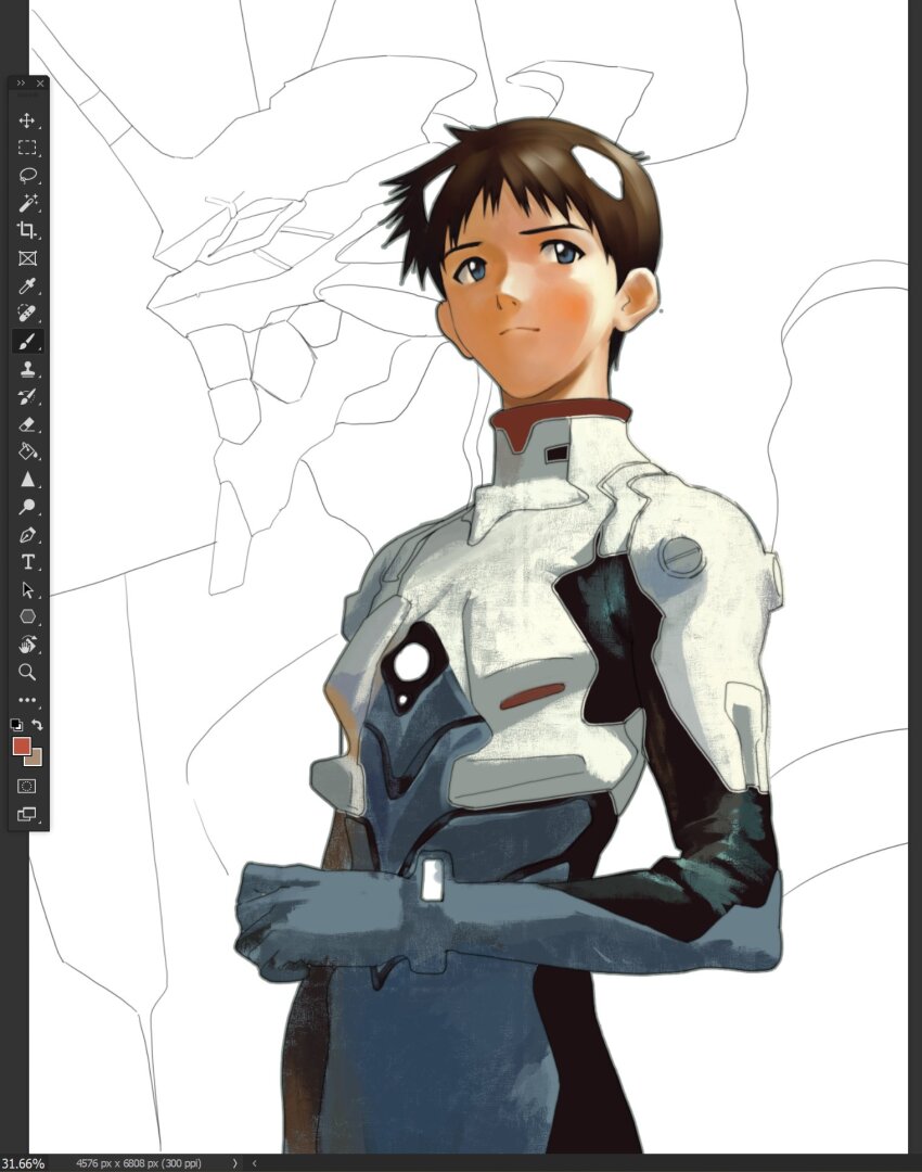 1boy art_program_in_frame bodysuit evangelion_(mecha) highres ikari_shinji male_focus mecha mecha_pilot_suit neon_genesis_evangelion plugsuit_(evangelion) robot sabertoon_artt sketch solo white_bodysuit