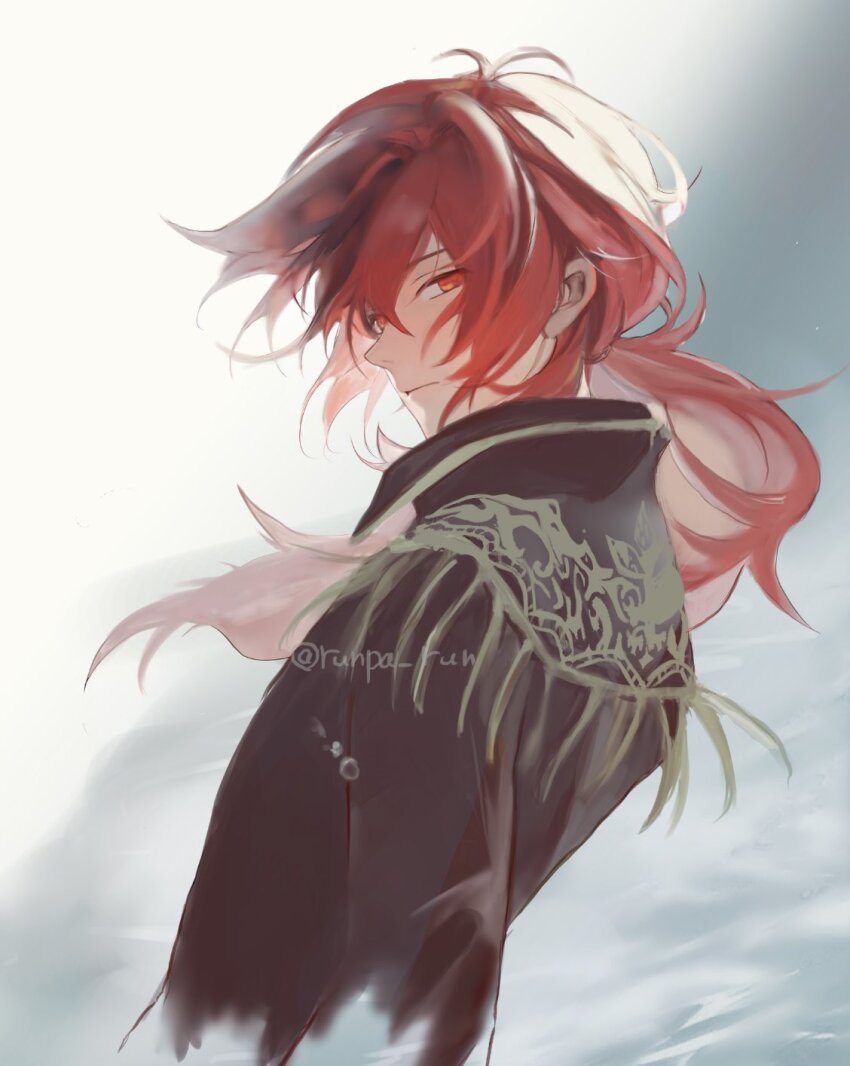 1boy bishounen black_jacket closed_mouth collared_jacket commentary_request diluc_(genshin_impact) embroidery floating_hair from_side genshin_impact hair_behind_ear highres jacket long_hair looking_back low_ponytail male_focus parted_bangs ponytail red_eyes runpa_run solo twitter_username unfinished upper_body wing_collar