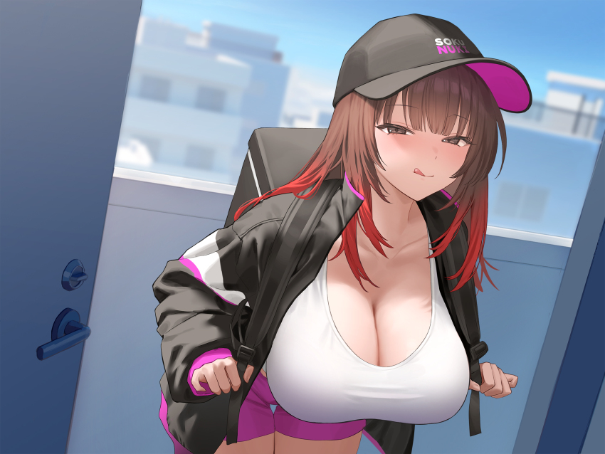 1girl :p apartment backpack bag balcony baseball_cap black_coat blue_sky blunt_bangs blush breasts brown_eyes brown_hair building cleavage coat collarbone day doorway dutch_angle gradient_hair hat highres huge_breasts jfjf licking_lips long_hair looking_at_viewer multicolored_hair non-web_source original outdoors pink_shorts red_hair shirt shorts sidelocks sky solo standing tongue tongue_out white_shirt