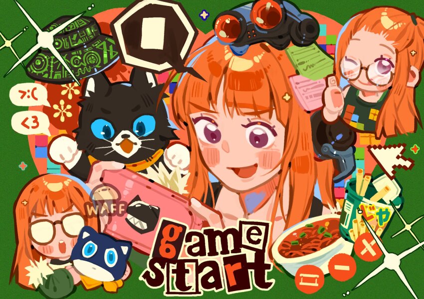 0waff537 1girl ;q animal animal_collar bangs_pinned_back bare_shoulders black_headphones black_tank_top blue_eyes blue_sclera blunt_bangs blush_stickers border bowl brown-framed_eyewear cat chibi closed_mouth collar collarbone colored_sclera commentary cropped_torso cup_ramen cursor emoticon food forehead fur-trimmed_jacket fur_trim glasses green_border green_jacket green_tank_top hair_tie handheld_game_console happy head-mounted_display heart_border highres holding holding_animal hood hood_down hooded_jacket jacket long_hair looking_at_object morgana_(cat)_(persona_5) morgana_(persona_5) multiple_views nintendo_3ds no_eyewear noodles one_eye_closed opaque_glasses open_mouth orange_background orange_hair outside_border paper persona persona_5 persona_5_the_royal playing_games purple_eyes ramen sakura_futaba smile sparkle speech_bubble spoken_expression straight_hair symbol-only_commentary tank_top teeth tetris tongue tongue_out upper_body upper_teeth_only v-shaped_eyebrows yellow_collar