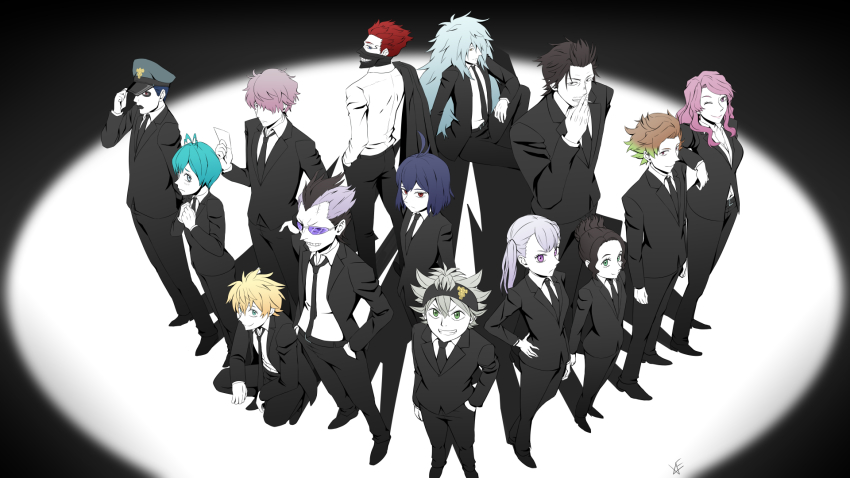 5girls 6+boys asta_(black_clover) black_background black_bulls_(emblem) black_clover black_footwear black_headband black_necktie black_suit business_suit charmy_pappitson everyone finral_roulacase formal_clothes gauche_adlai gordon_agrippa grey_(black_clover) headband henry_legolant highres luck_voltia magna_swing multiple_boys multiple_girls necktie noelle_silva secre_swallowtail shirt spotlight suit tanny_v vanessa_enoteca white_shirt yami_sukehiro zora_ideale