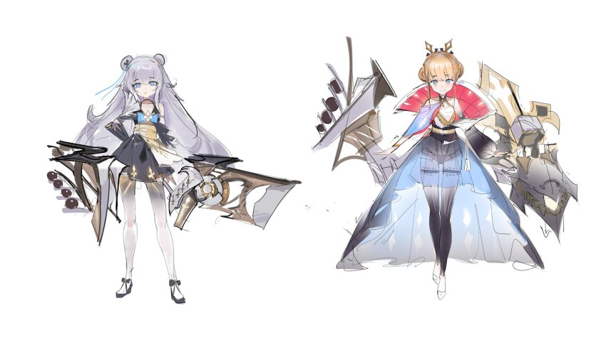 +_+ 2girls alternate_costume asymmetrical_sleeves azur_lane black_dress blonde_hair blue_dress blue_eyes double_bun dress full_body hair_bun highres janyhero le_malin_(azur_lane) le_triomphant_(azur_lane) long_hair long_sleeves looking_at_viewer multiple_girls pantyhose puffy_sleeves rigging see-through_clothes see-through_dress simple_background sketch thigh_strap very_long_hair white_background white_hair white_pantyhose