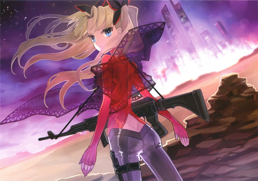 10s 1girl absurdres alternate_hair_color ass ass_cutout blonde_hair blue_eyes bow butt_crack city clothing_cutout fate/extra fate_(series) female_focus fingerless_gloves gloves gun hair_ribbon highres official_art pants ribbon scan scenery solo tight_clothes tight_pants tohsaka_rin tohsaka_rin_(fate/extra) tohsaka_rin_(true_appearance)_(fate/extra) twintails wada_arco weapon