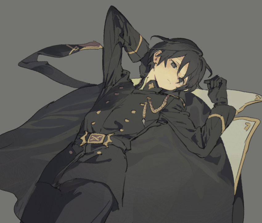 1boy black_coat black_eyes black_gloves black_hair black_jacket closed_mouth coat commentary_request fhemfmsrpwjd gloves grey_background hair_between_eyes jacket korean_commentary long_sleeves lord_(lord_of_heroes) lord_of_heroes lying male_focus male_lord_(lord_of_heroes) military military_uniform on_back simple_background solo unworn_coat
