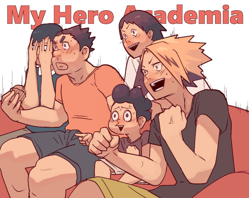 &gt;:) 5boys anger_vein black_hair blonde_hair blue_hair boku_no_hero_academia brown_hair clenched_hands commentary_request copyright_name couch covering_face drooling excited food gaijin_4koma_(meme) glasses grey_shirt holding holding_food iida_tenya kaminari_denki meme mineta_minoru muffin multiple_boys niko_(toitoi210) on_couch opaque_glasses open_mouth orange_shirt peeking_through_fingers pointing raised_eyebrows sato_rikido sero_hanta shirt short_hair shorts solid_circle_pupils spiked_hair sweat t-shirt teeth thick_eyebrows v-shaped_eyebrows white_background white_shirt yellow_eyes